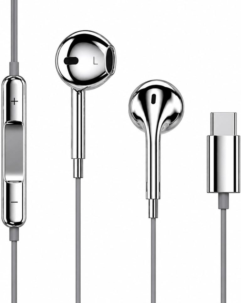Earbud Headphones with Mic for USB Type C Ports - Chrome Finish | Wired Connection High-Fidelity Earbuds for Music, Call
